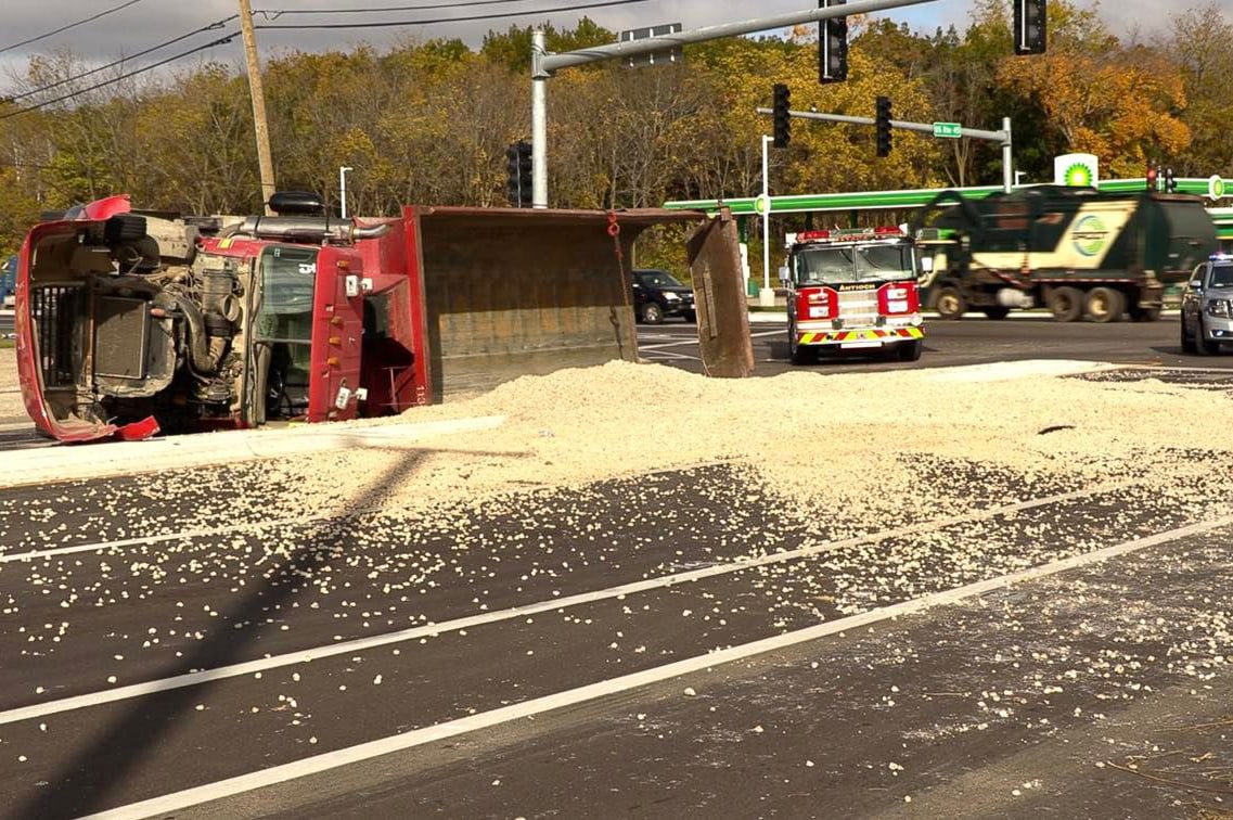 Route 45 reopens after dump truck rolls over, spills load of gravel onto roadway near Antioch