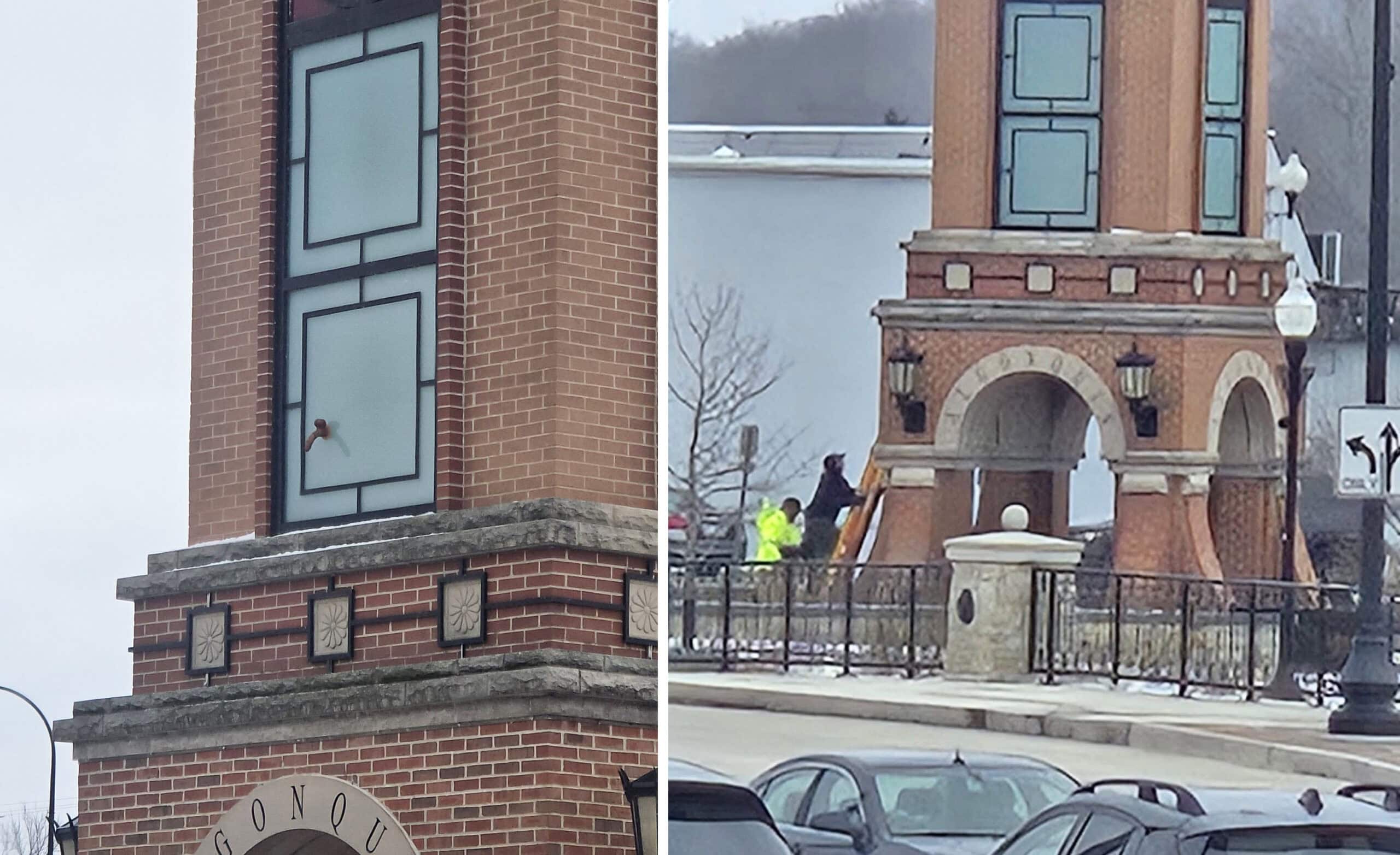 Crews remove sex toy that was found affixed to clock tower at Cornish Park  in downtown Algonquin